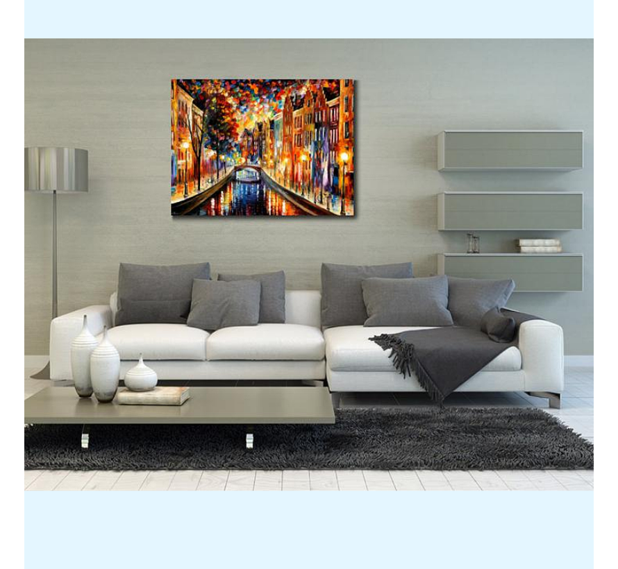 Allernieuwste.nl® Canvas Schilderij Amsterdamse Grachten met Paletmes - Modern - Poster - 60 x 90 cm - Kleur