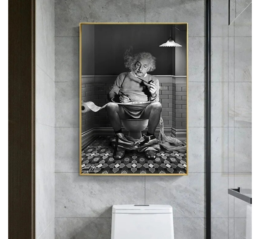 Allernieuwste.nl® Canvas Schilderij Einstein op de WC - Humor - Badkamer - 30 x 40 cm - Zwart/Wit