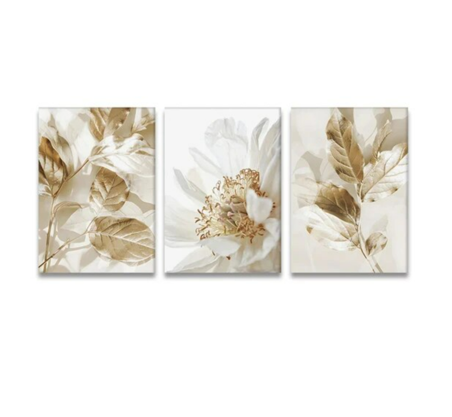 Allernieuwste.nl® Canvas Schilderij 3-luik Botanische Witte Bloem - Posters - Moderne Muurkunst - Woonkamer - 3st 30 x 40 cm - Wit/Goud