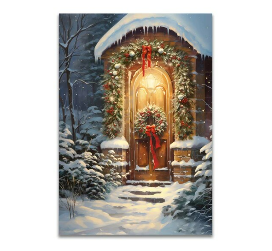 Allernieuwste.nl® Canvas Schilderij Kerstkrans op de Deur - Kerstmis - Kerstdagen - 30 x 40 cm - kleur