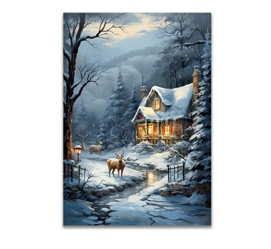 Allernieuwste.nl® Canvas Schilderij Sneeuw landschap met Rendieren - Kerstmis - Kerstdagen - 30 x 40 cm - kleur