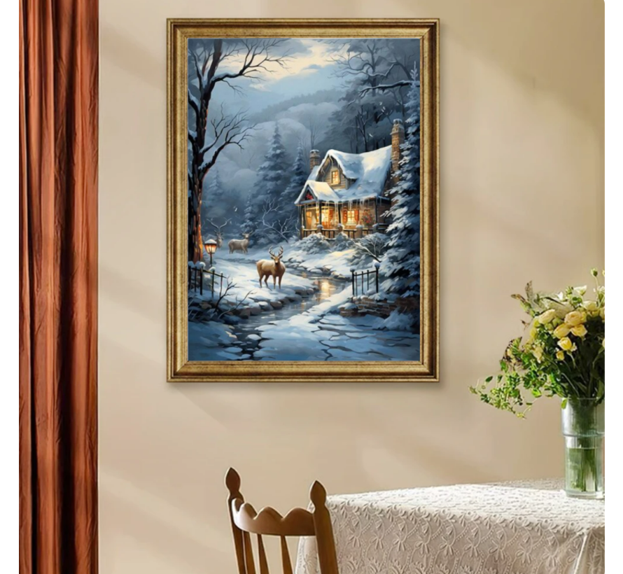 Allernieuwste.nl® Canvas Schilderij Sneeuw landschap met Rendieren - Kerstmis - Kerstdagen - 30 x 40 cm - kleur