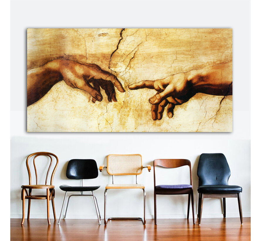 Allernieuwste.nl® Canvas Schilderij Michelangelo De Schepping van Adam - Handen - Kunst aan je muur - 50 x 100 cm - kleur