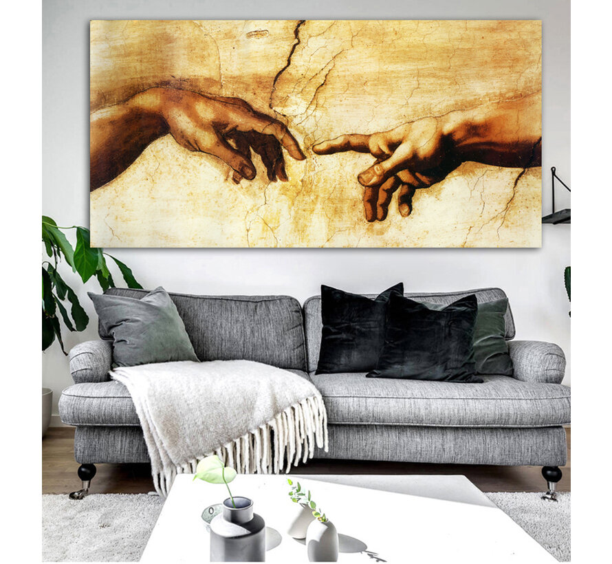 Allernieuwste.nl® Canvas Schilderij Michelangelo De Schepping van Adam - Handen - Kunst aan je muur - 50 x 100 cm - kleur