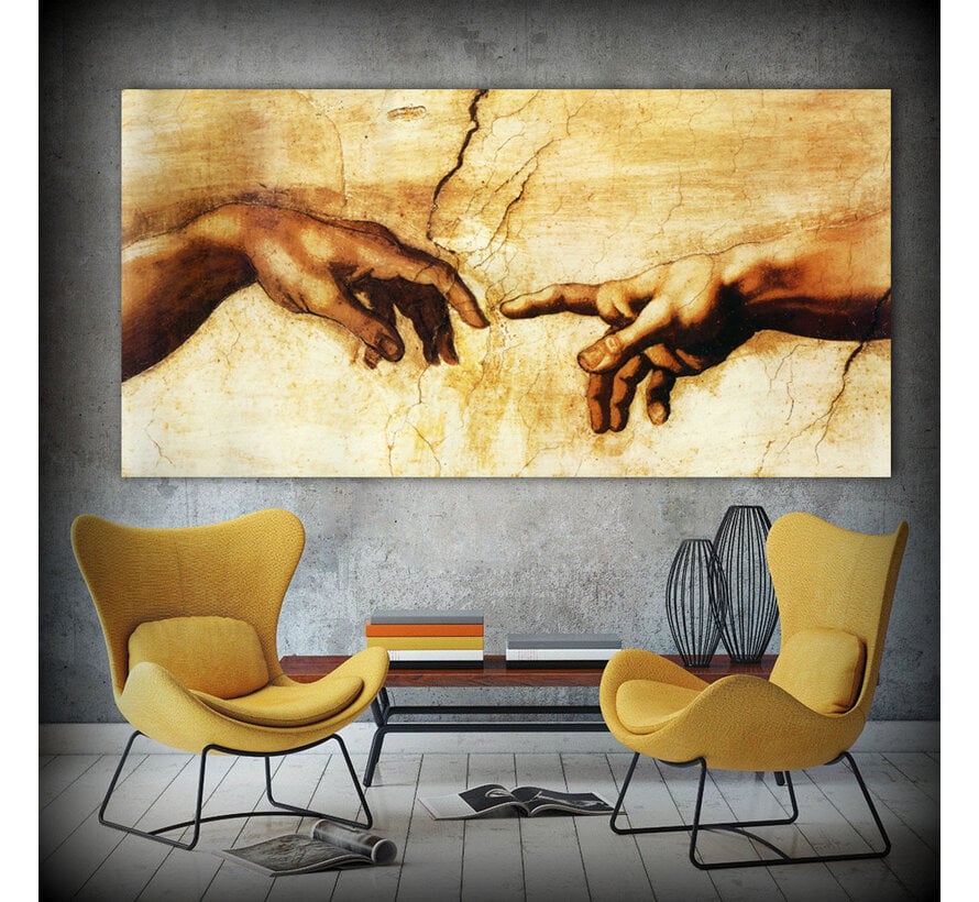 Allernieuwste.nl® Canvas Schilderij Michelangelo De Schepping van Adam - Handen - Kunst aan je muur - 50 x 100 cm - kleur