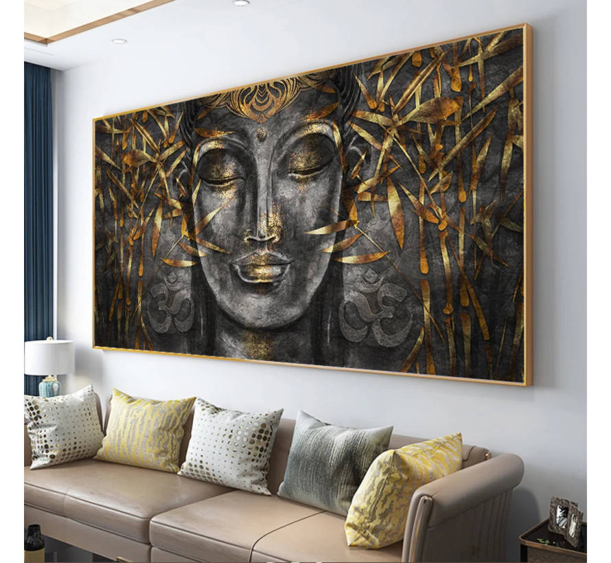 Allernieuwste.nl® Canvas Schilderij Elegante Zwart-Gouden Buddha - Kunst aan je muur - 50 x 100 cm - Zwart/Goud