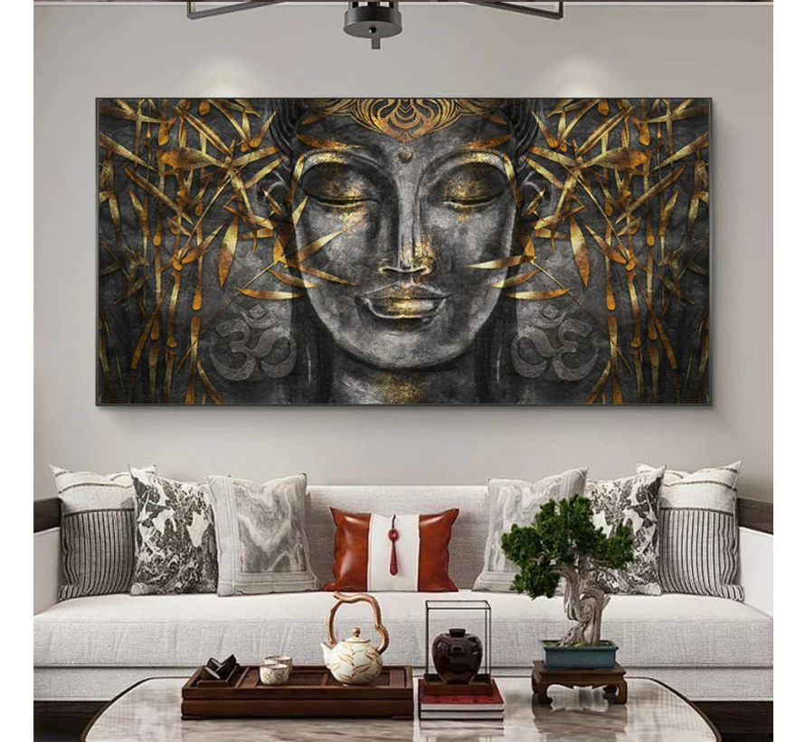 Allernieuwste.nl® Canvas Schilderij Elegante Zwart-Gouden Buddha - Kunst aan je muur - 50 x 100 cm - Zwart/Goud