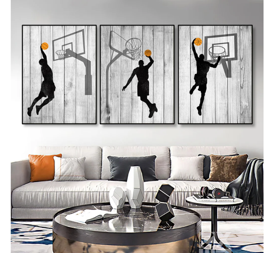 Allernieuwste.nl® Canvas Schilderij 3-luik Basketbal Slam Dunk - Sportief - Woonkamer - 3st 50 x 70 cm Zwart/Wit