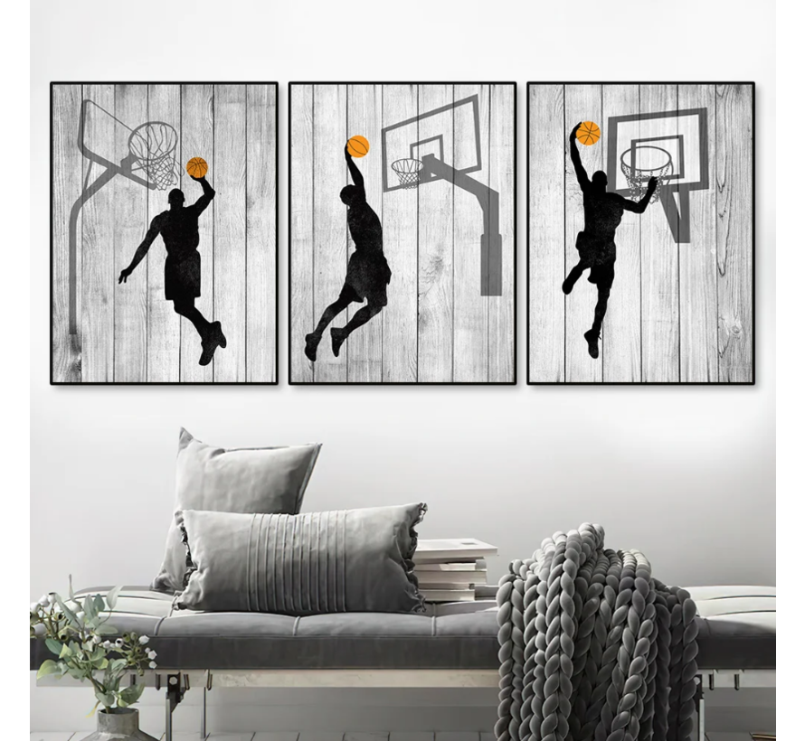 Allernieuwste.nl® Canvas Schilderij 3-luik Basketbal Slam Dunk - Sportief - Woonkamer - 3st 50 x 70 cm Zwart/Wit