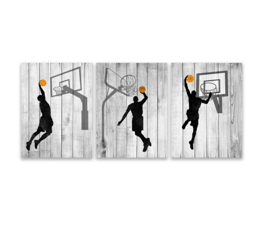 Allernieuwste.nl® Canvas Schilderij 3-luik Basketbal Slam Dunk - Sportief - Woonkamer - 3st 50 x 70 cm Zwart/Wit