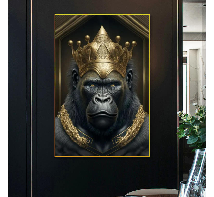 Allernieuwste.nl® Canvas Schilderij Metalen Gorilla Koning - Modern - Kunst aan je muur - 50 x 70 - Zwart/Goud