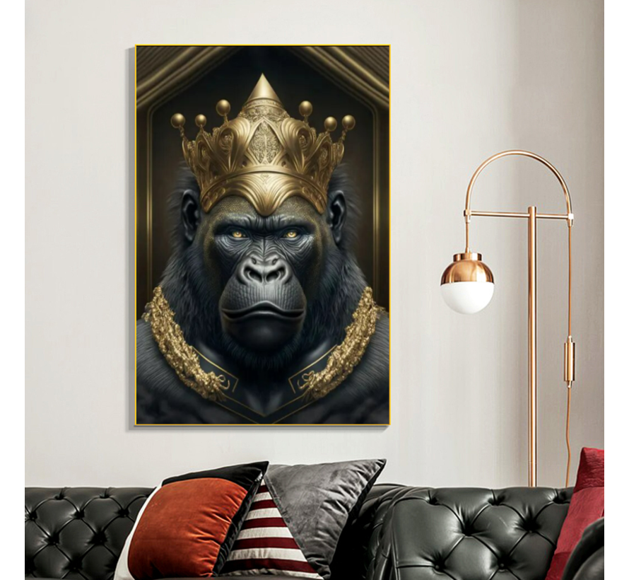 Allernieuwste.nl® Canvas Schilderij Metalen Gorilla Koning - Modern - Kunst aan je muur - 50 x 70 - Zwart/Goud