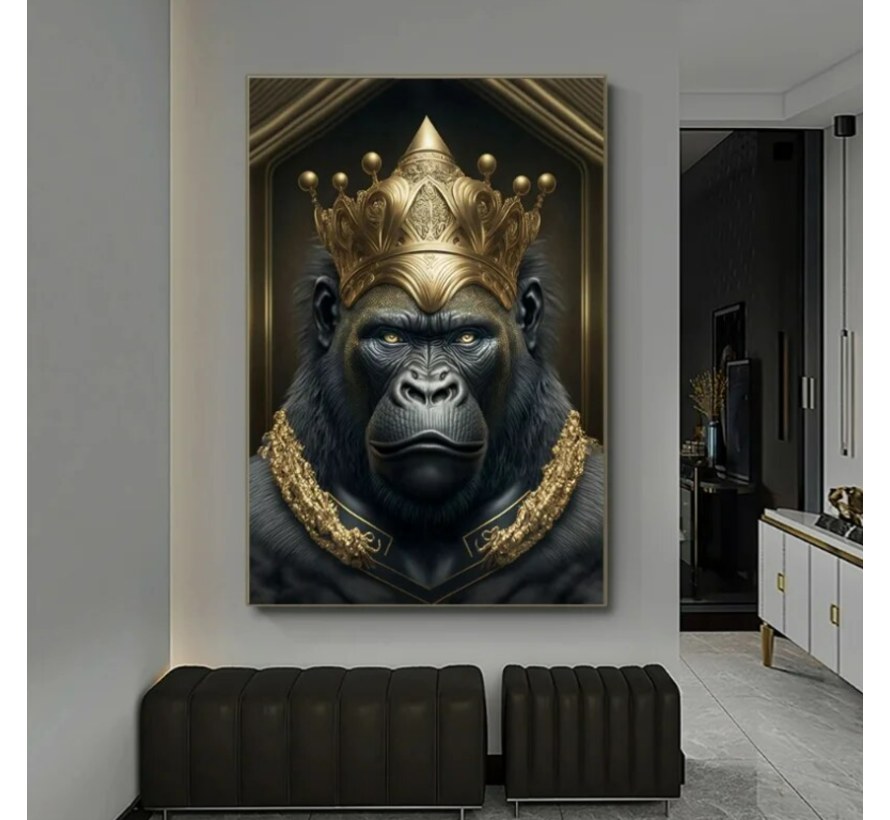 Allernieuwste.nl® Canvas Schilderij Metalen Gorilla Koning - Modern - Kunst aan je muur - 50 x 70 - Zwart/Goud