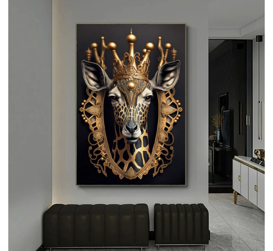 Allernieuwste.nl® Canvas Schilderij Gouden Giraffe Koning - Modern - Kunst aan je muur - 50 x 70 cm - Zwart/Goud