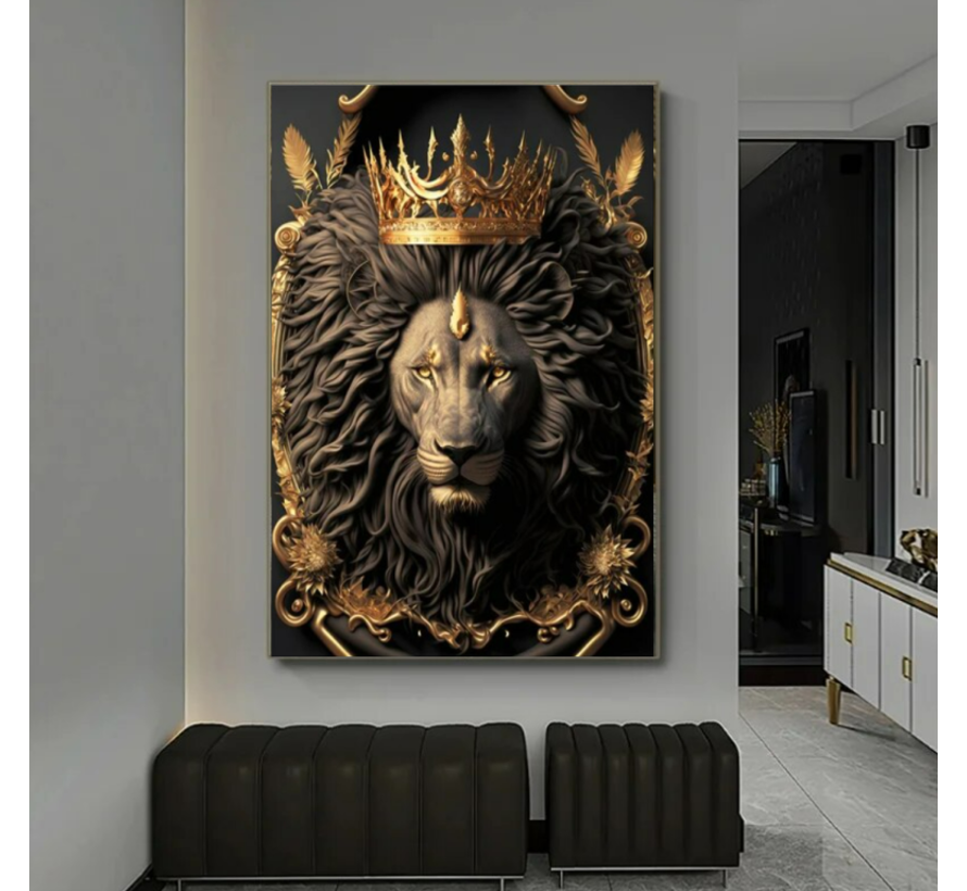 Allernieuwste.nl® Canvas Schilderij Gouden Leeuwen Koning - Modern - Kunst aan je muur - 50 x 70 cm - Zwart/Goud