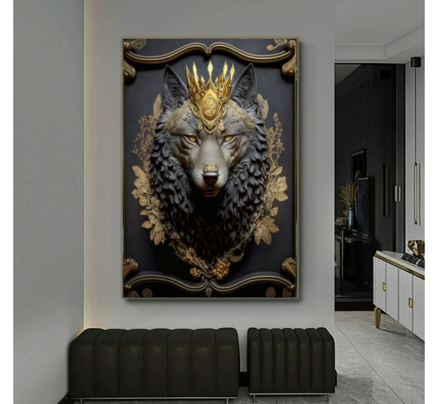 Allernieuwste.nl® Canvas Schilderij Gouden Wolven Koning - Modern - Kunst aan je muur - 50 x 70 cm - Zwart/Goud