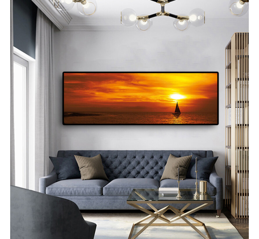 Allernieuwste.nl® Canvas Schilderij Rode Zonsondergang met Zeilboot - Kunst aan je Muur - Kleur - 30 x 100 cm