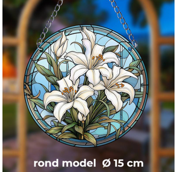 Allernieuwste.nl® Ronde Raamhanger Raamdecoratie Witte Lelies met Ketting - 15 cm