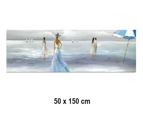 Allernieuwste.nl® Allernieuwste.nl® Canvas Schilderij Vredig Strand-Zee Tafereel in Blauw/Grijs tinten - Kunst aan je Muur - Groot Schilderij - Kleur - 50 x 150 cm