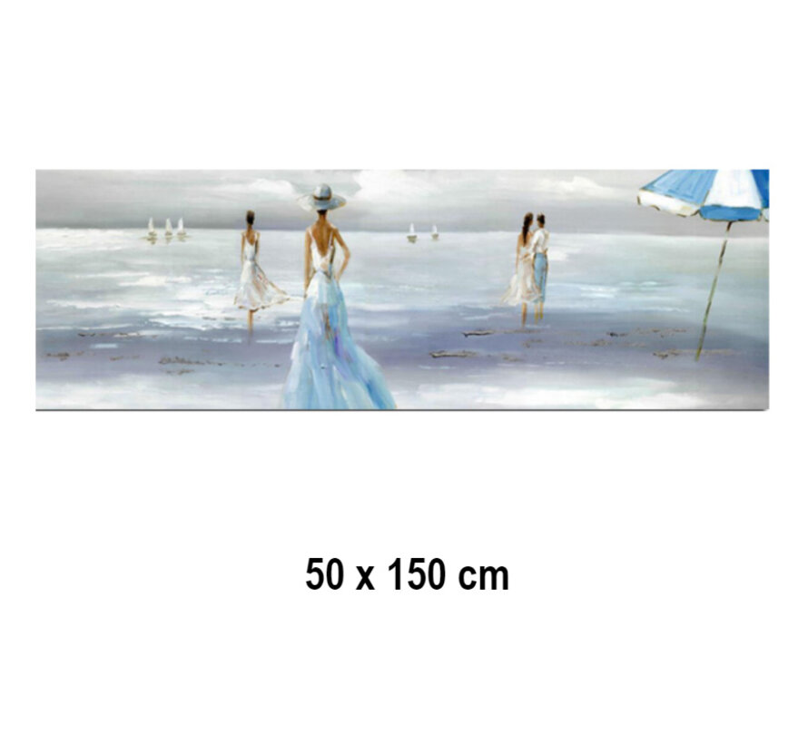 Allernieuwste.nl® Canvas Schilderij Vredig Strand-Zee Tafereel in Blauw/Grijs tinten - Kunst aan je Muur - Groot Schilderij - Kleur - 50 x 150 cm