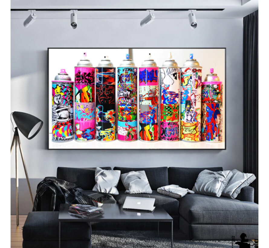 Allernieuwste.nl® Canvas Schilderij Graffiti PopArt Spuitbussen - Kunst aan je Muur - Groot Schilderij - Kleur - 50 x 100 cm