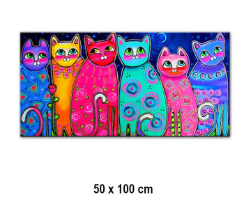 Allernieuwste.nl® Canvas Schilderij Kleurige Katten PopArt - 50 x 100 cm