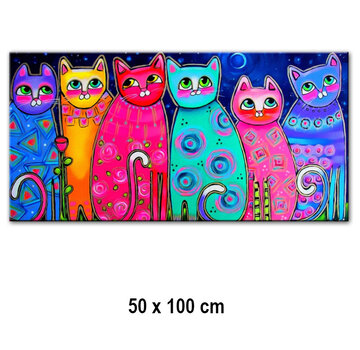 Allernieuwste.nl® Canvas Schilderij Kleurige Katten PopArt - 50 x 100 cm