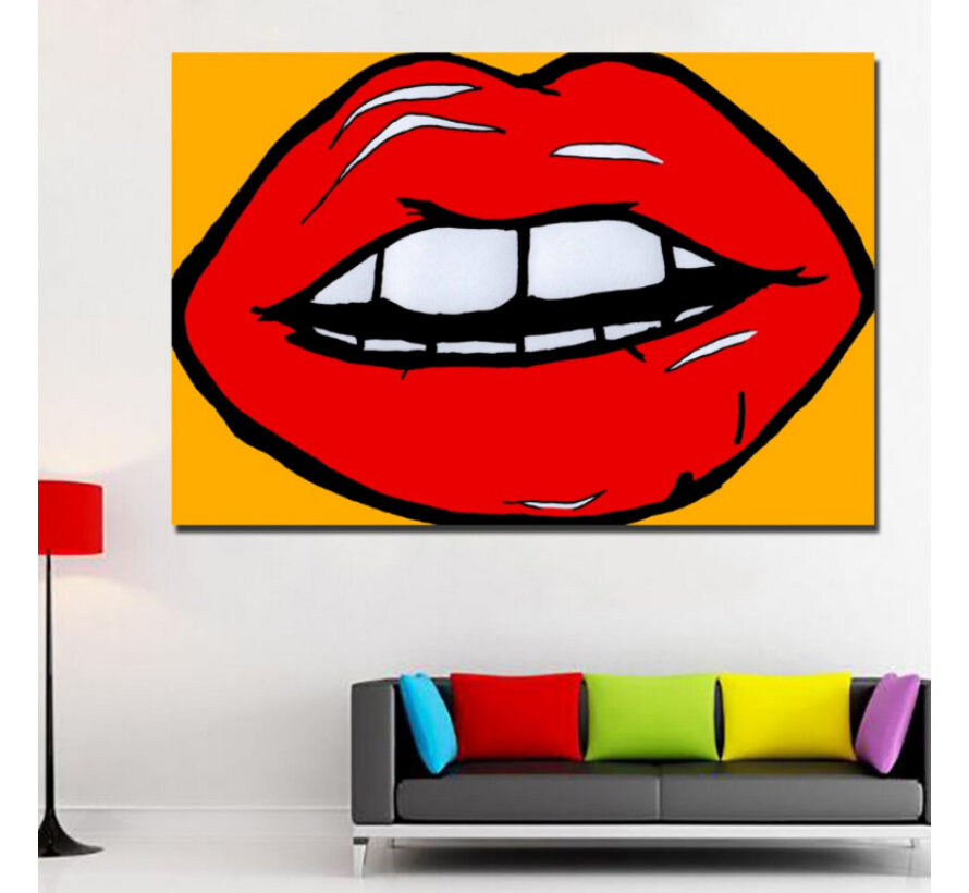 Allernieuwste.nl® Canvas Schilderij * Andy Warhol Lippen * - Kunst aan je Muur - Modern - Geel/Rood/Wit - 60 x 90 cm