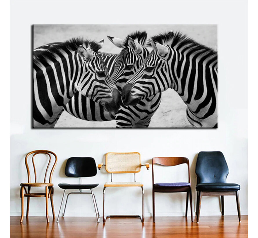 Allernieuwste.nl® Canvas Schilderij * 3 Zebra's ZwartWit - Kunst aan je Muur - Grafitti-Art - Zwart-Wit - 40 x 70 cm