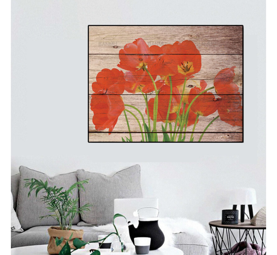 Allernieuwste.nl® Canvas Schilderij * Rode Klaprozen op Paneel * - Kunst aan je Muur - Kleur - 60 x 90 cm