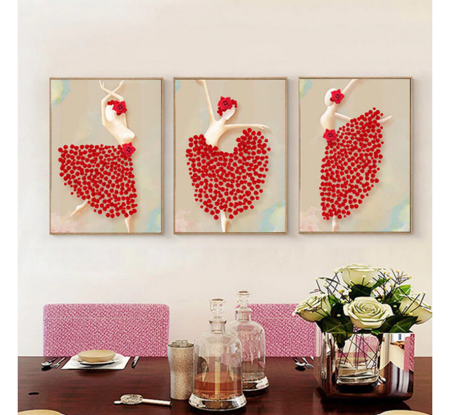 Allernieuwste.nl® SET van 3 st Canvas Schilderij * Dansende Bloemen Ballerina Rood * - Kunst aan je Muur - Modern - Kleur - SET van 3 Stuks - 30 x 40 cm