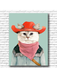 Allernieuwste.nl® Canvas Schilderij  Kleurige Kat Cowboy - 50 x 70 cm