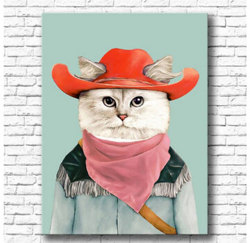 Allernieuwste.nl® Canvas Schilderij  Kleurige Kat Cowboy - 50 x 70 cm