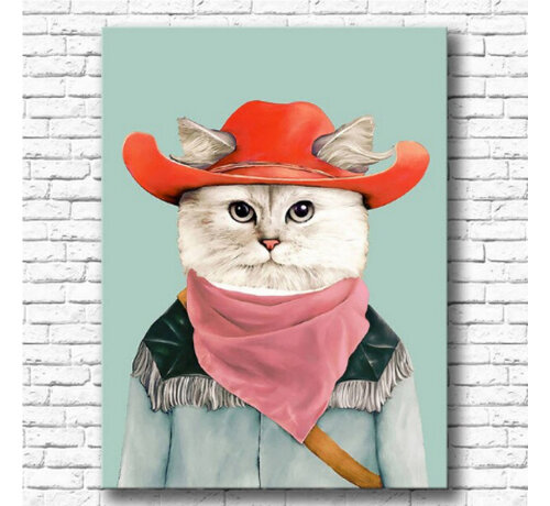 Allernieuwste.nl® Allernieuwste.nl® Canvas Schilderij * Kleurige Kat Cowboy * - Kunst aan je Muur - Kinderkamer - VeelKleurig - 50 x 70 cm