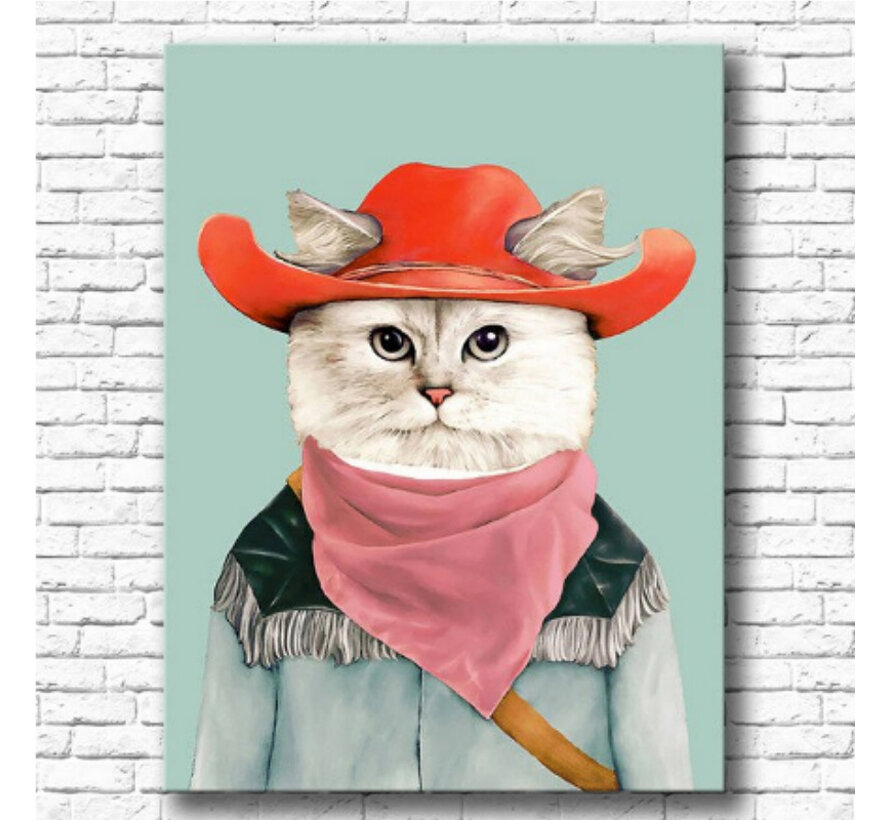 Allernieuwste.nl® Canvas Schilderij * Kleurige Kat Cowboy * - Kunst aan je Muur - Kinderkamer - VeelKleurig - 50 x 70 cm