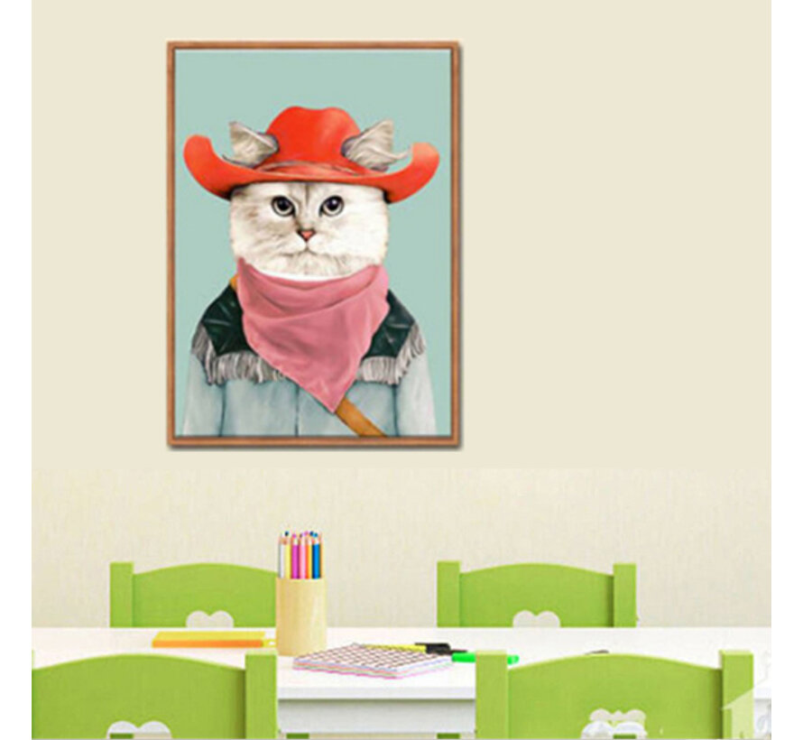 Allernieuwste.nl® Canvas Schilderij * Kleurige Kat Cowboy * - Kunst aan je Muur - Kinderkamer - VeelKleurig - 50 x 70 cm