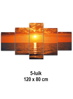 Allernieuwste.nl® Canvas Schilderij 5-luik Rode Zonsondergang op Zee - 80 x 120 cm