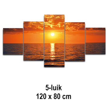 Allernieuwste.nl® Canvas Schilderij 5-luik Rode Zonsondergang op Zee - 80 x 120 cm