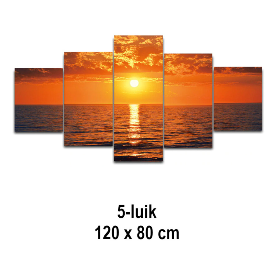 Allernieuwste.nl® 5-luik Canvas Schilderij * Rode Zonsondergang op Zee * - Kunst aan je Muur - Kleur - 5-delig - 80 x 120 cm