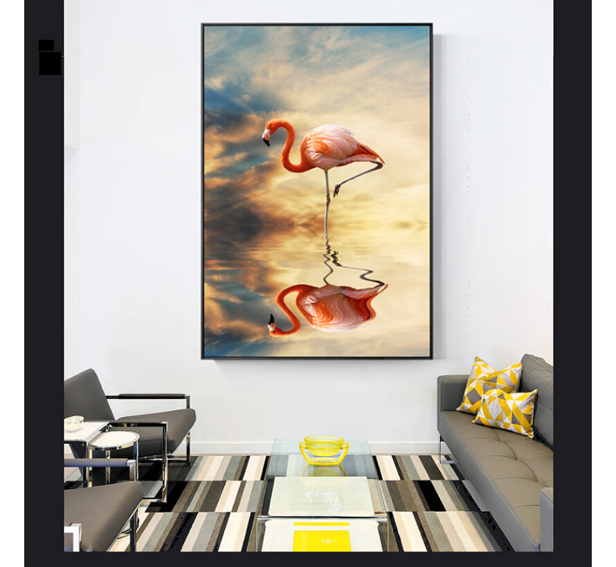 Allernieuwste.nl® Canvas Schilderij * Rose Flamingo in het Water * - Moderne Kunst aan je Muur - Groot schilderij - Kleur - 70 x 100 cm