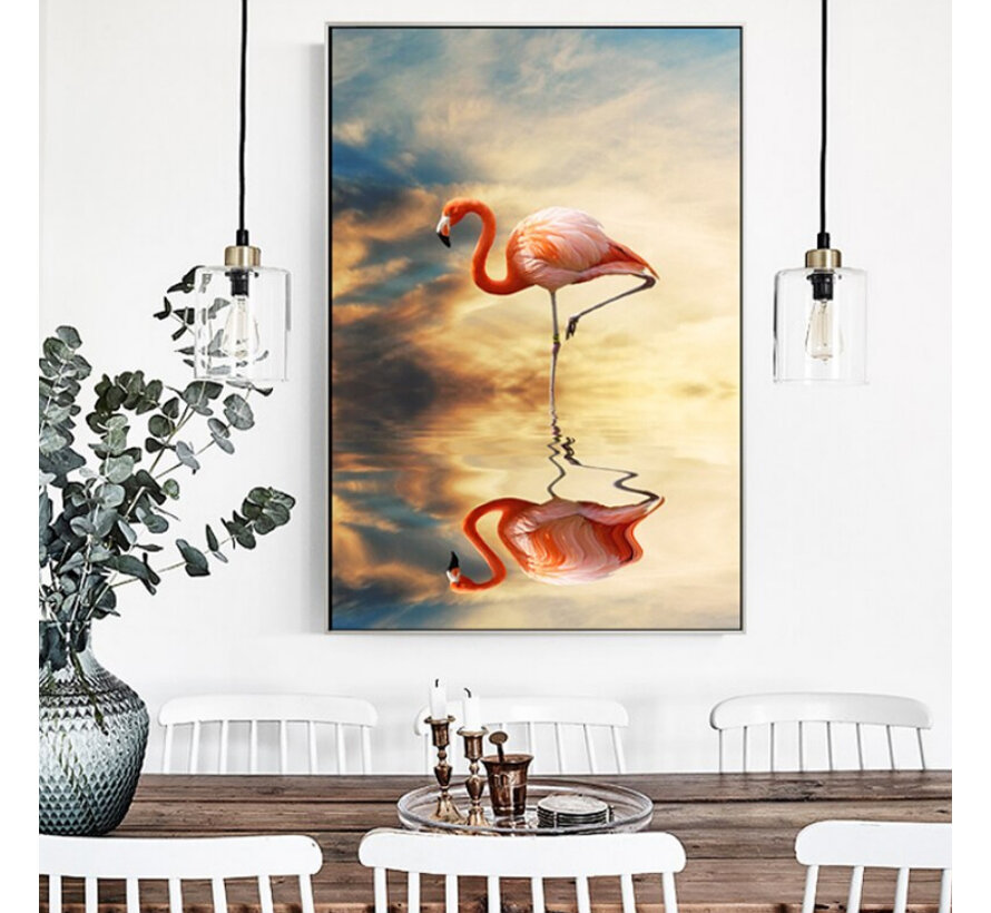Allernieuwste.nl® Canvas Schilderij * Rose Flamingo in het Water * - Moderne Kunst aan je Muur - Groot schilderij - Kleur - 70 x 100 cm