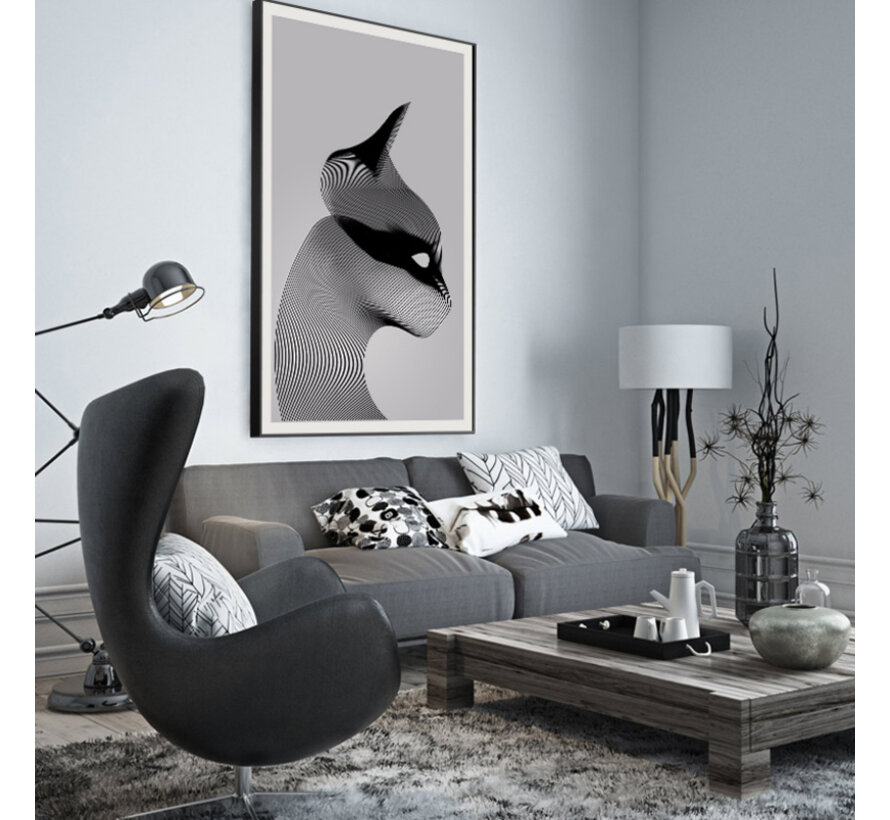 Allernieuwste.nl® Canvas Schilderij * Abstracte Gestreepte Kat * - Moderne Kunst aan je Muur - Zwart-Wit - 50 x 80 cm