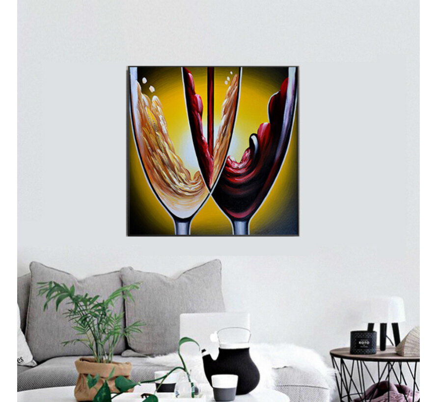 Allernieuwste.nl® Canvas Schilderij * Abstracte WIJNGLAZEN * - Moderne Kunst aan je Muur - Kleur - 60 x 60 cm