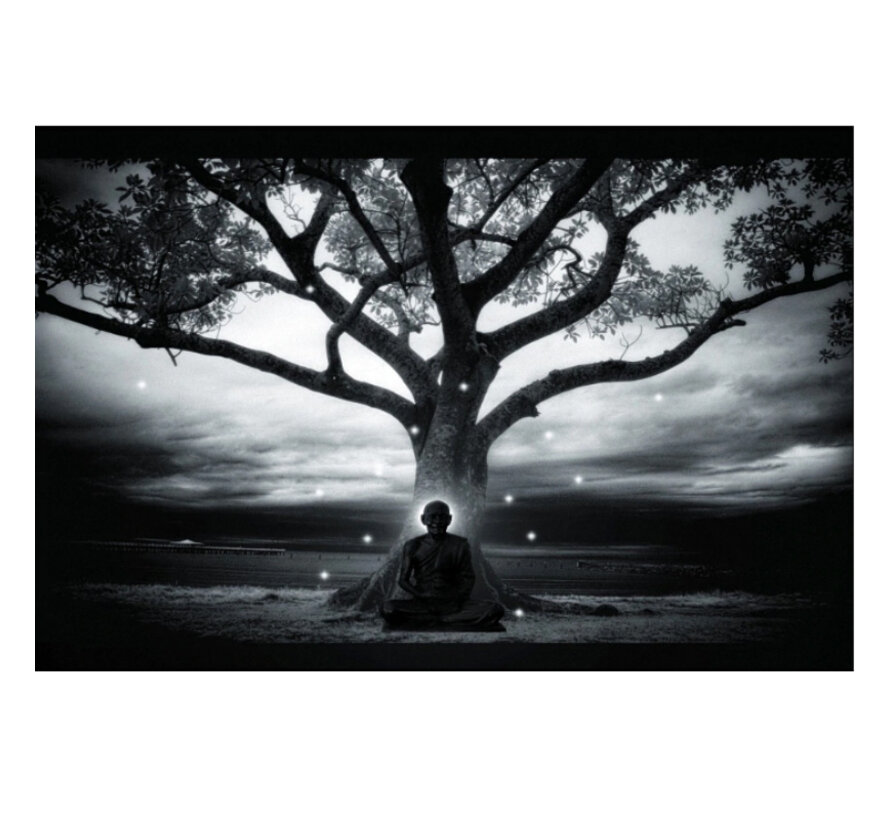 Allernieuwste.nl® Canvas Schilderij * Boeddhistische Zen Master Zittend Onder een Boom * - Kunst aan je Muur - Realistisch - zwart-wit - 50 x 75 cm