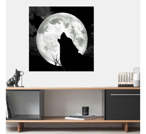 Allernieuwste.nl® Allernieuwste.nl® Canvas Schilderij * Huilende Wolf bij Maan * - Kunst aan je Muur - Realistisch - Zwart Wit - 50 x 50 cm