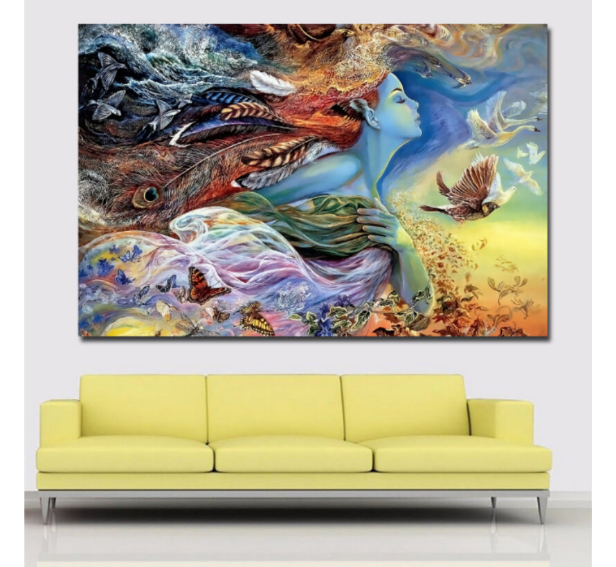 Allernieuwste.nl® Canvas Schilderij * Mooi Meisje met Vlinders en Vogels * - Kunst aan je Muur - Romantisch - Kleur - 50 x 75 cm
