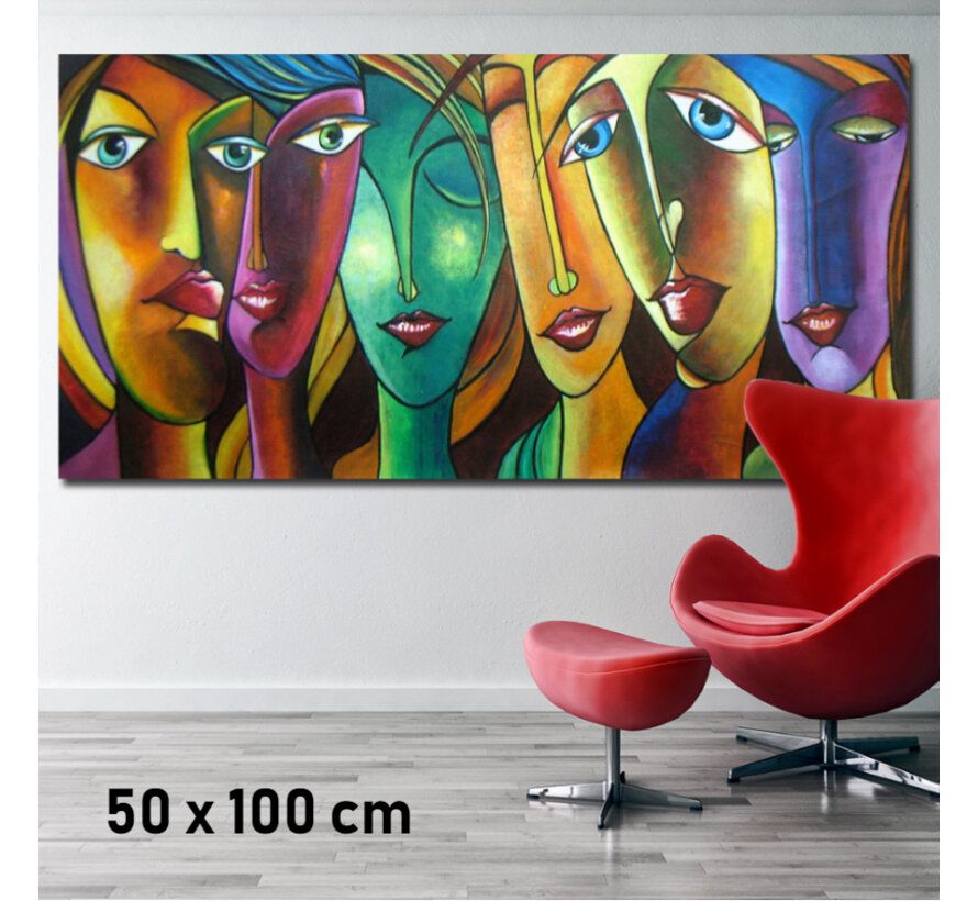 Allernieuwste.nl® Canvas Schilderij * 6 Abstracte Sexy Vrouwen * - Kunst aan je Muur - Modern - Veelkleurig - 50 x 100 cm