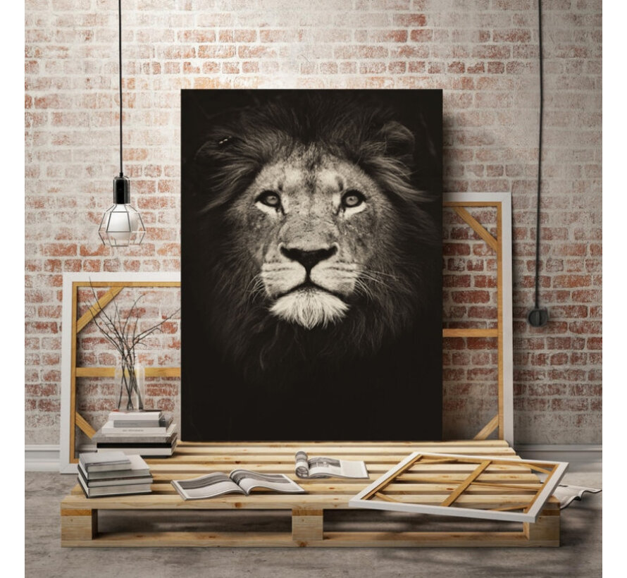 Allernieuwste.nl® Canvas Schilderij * Zwart-Wit Kop van de Leeuw * - Kunst aan je Muur - ZwartWit - 50 x 70 cm