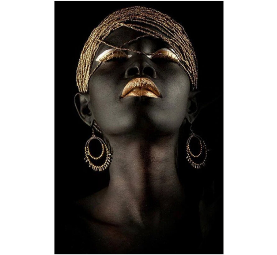 Allernieuwste.nl® Canvas Schilderij Afrikaanse vrouw met Gouden Sieraden - Kunst aan je Muur - Kleur - 40 x 80 cm