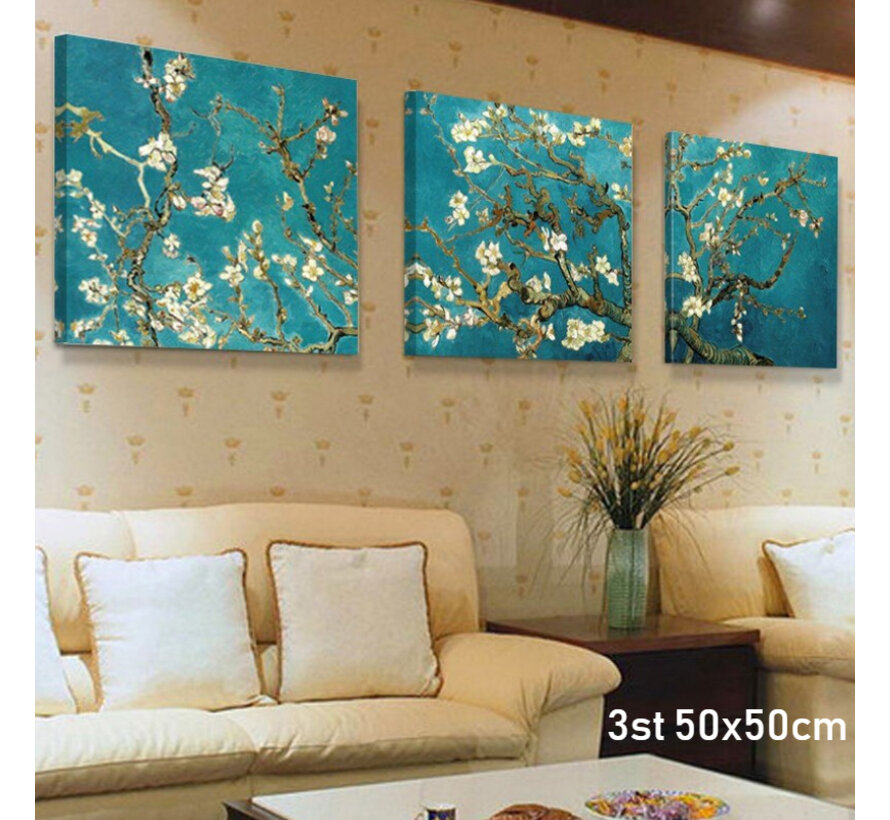 Allernieuwste.nl® SET van 3 stuks Canvas Schilderij Vincent Van Gogh: Almond Blossom - Kunst aan je Muur - Kleur - 3 stuks elk 40 x 40 cm